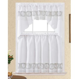 GOHD Daisy Dream. Kitchen Cafe Curtain Set for Small Windows. Satin Fabric with Matching Color Daisy Embroidery and Lace. (White, Swag and 36 inches Tiers Set)