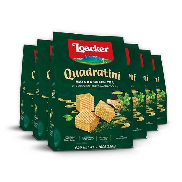 Loacker Quadratini Matcha LARGE - Crispy Bite Size Wafer Cookies - 30% Less Sugar - Green Tea Cream Filling - Pure Matcha from Japan - NON-GMO - Sustainably Sourced Ingredients - Resealable Family Pack - LARGE Snack Bag 220g/7.76oz, Multipack of 6