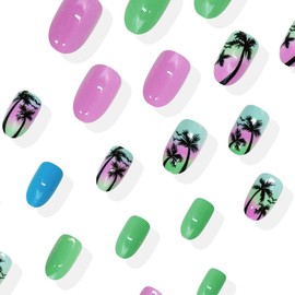 24PCS Summer Press on Nails Short Oval Palm Fake Nails False Nails with Coconut Tree Designs Pink Blue Green Glossy Glue on Nails Hawaii Acrylic Nails for Women Girls