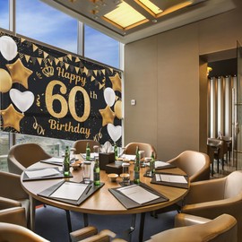 Happy 60th Birthday Banner 60th Photo Backdrop Black Gold Birthday Party Background Supplies Backdrop Props, Birthday Decorations for Men and Women 60th Backdrop Banner Photo Booth Sign 180×110cm