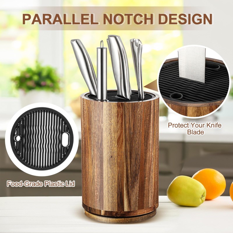 Hushee Wooden Knife Holder Block with Plastic Lid, 360° Rotating