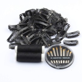50pcs Wig Clips 32mm Snap Clips For Hair Extension 6-teeth Black Color Hair Extensions Clip with Thread and Needles (Black -50pcs)