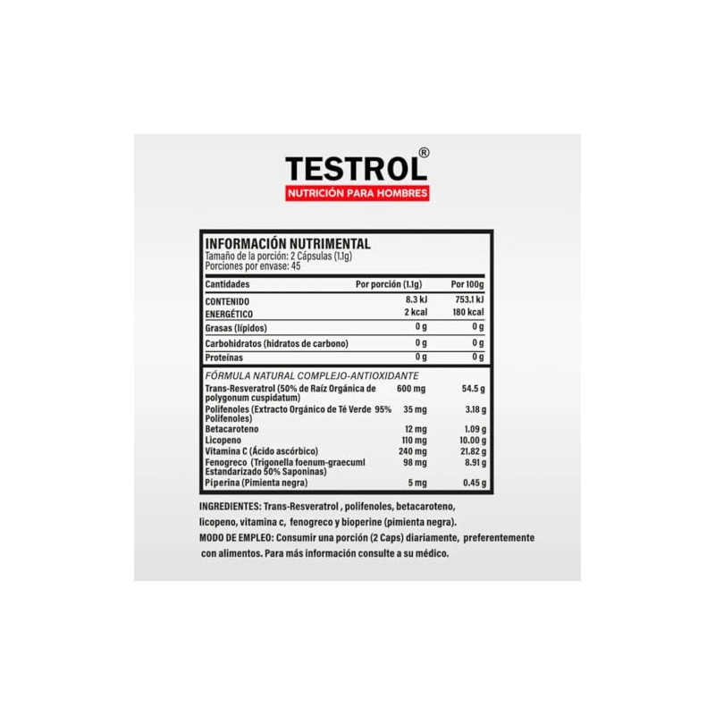 Testrol Anti Platinum 1100 Suplemento Resveratrol Licopeno Polifenoles Betacaroteno Cápsulas