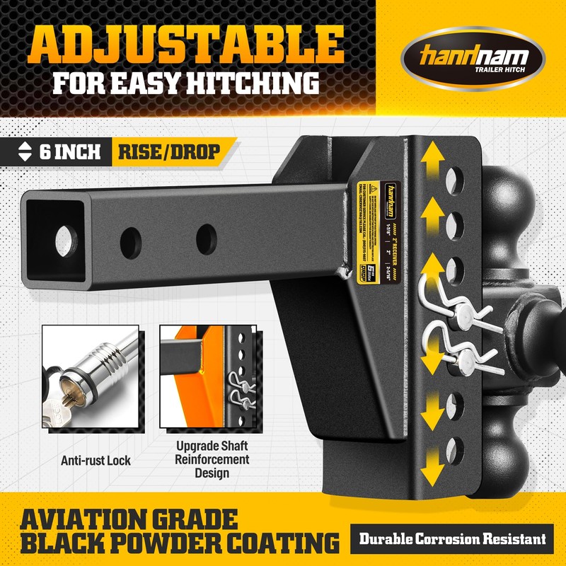 Adjustable Trailer Hitch Ball Mount with 6" Drop/Rise Fits 2"