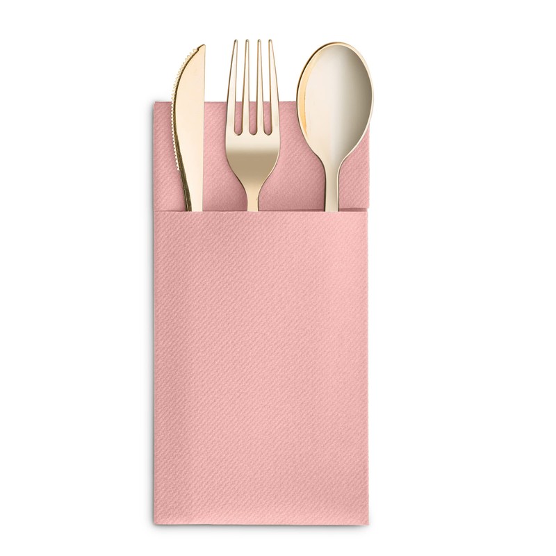 50-Pack Disposable Linen-Feel Dinner Napkins with Built-in Flatware Pocket, PINK