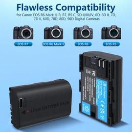 Artman 2-Pack LP-E6 LP-E6NH Battery 2500mAh with Type-C Fast Charging for Canon EOS R, R5, R6, R7, 5D 6D 7D Mark II III IV, 90D, 80D, 70D Cameras