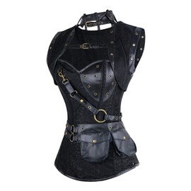 Charmian Women's Plus Size Retro Goth Spiral Steel Boned Brocade Steampunk Bustiers Corset with Jacket and Belt Black XXX-Large