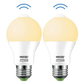 HEKEE Motion Sensor LED Light Bulb 9W A19 PIR Built-in IR 60W Equivalent Bright 900 Lumens E26 Base Warm White Bulbs (2 Packs)