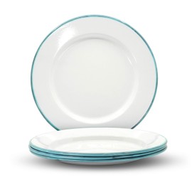 Red Co. Enamelware Metal Classic 10 inch Round Dinner Plate, Solid White/Teal Rim - Set of 4