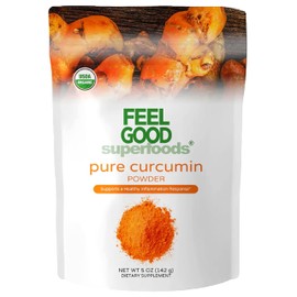 FEEL GOOD Superfoods Pure Curcumin Powder, Organic, Non-GMO, Vegan from Bulk Ground Turmeric Root from India, Curcuma Longa Joint Supplement, 5 oz