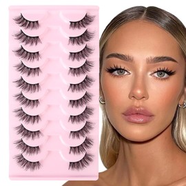 AUYAO Natural Half Lashes Half False Eyelashes,10Pcs Cat Eye Wispy False Eyelashes Clear Band 3D Faux Mink Lashes Eyelash Clusters, Black Fake Lashes Lash Extensions Wispy Cluster Lashes