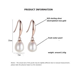 Bellitia Jewelry Pearl Earrings Silver Dangle Earrings Women's Rose Gold-Plated Silver 925 Drop Hook Earrings with Pearls Pearl Earrings Hanging with Real Freshwater Pearls, Sterling Silver, Pearl