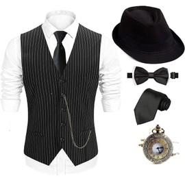 EFORLED 1920s Mens Costume Fedora Hat,Gatsby Gangster Vest,Vintage Pocket Watch,Pre Tied Bow Tie,Tie,CT-XL