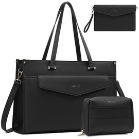 Keyli 3pc Sets Laptop Bag for Women, 15.6 Inch Lightweight Work Tote Bags Waterproof Leather Professional Computer Briefcase Shoulder Handbag Black Crossbody Purses for Business, Office, Travel