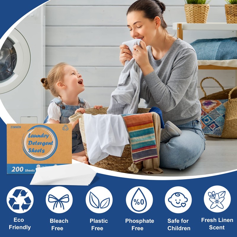 Laundry Detergent Sheets 200 Sheets, Fragrance-Free, Eco-Friendly, Plastic-Free, Hypoallergenic, Liquidless