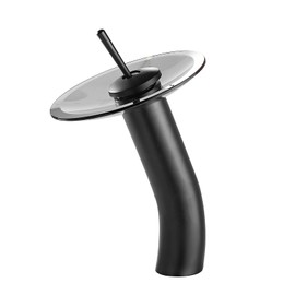 Waterfall Black Bathroom Vessel Faucet Glass Spout 360° Swivel Single Handle One Hole Solid Brass Bowl Faucet Bath Lavatory Vessel Sink Vanity Tall Body for Above Counter Sink