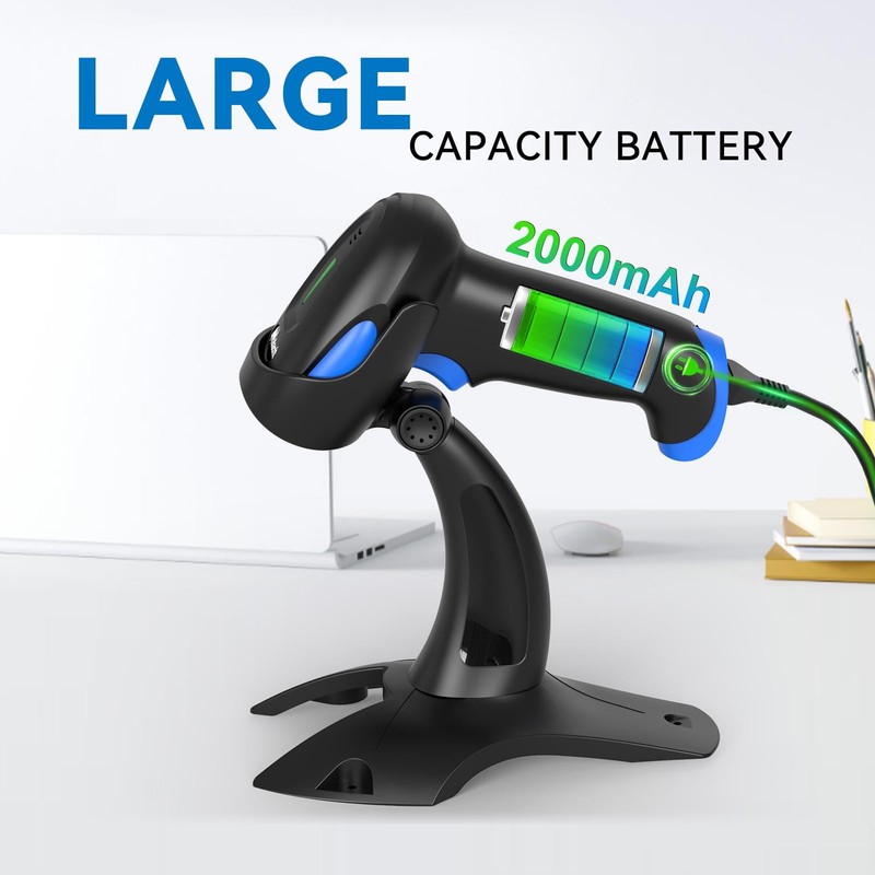 Alacrity 2D 1D Wireless Barcode Scanner with Stand, 3-in-1 Connectivity