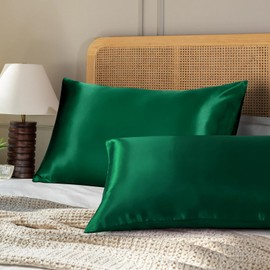 OTOSTAR Set of 2 Standard Size Satin Pillowcases, Dark Green Pillowcase for Hair and Skin, Soft Breathable Silky Pillow Cases for Sleeping Bed Pillow Cover with Envelope Closure, 20x26 Inches