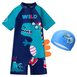 AIWUHE Toddler Boys Swimsuits One Piece Rash Guard Swimwear Zipper Bathing Suit UPF50+ with Hat Dinosaur Sunsuit Set Blue L 3-4T