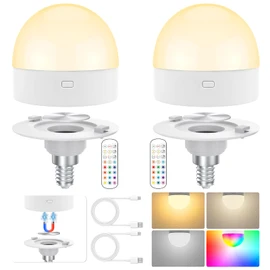 Rechargeable Light Bulbs with Remote, E12 Battery Operated Light Bulb with 15 Colors Selectable, Timer, Dimmer, Removeable Magnetic Base, Wireless Puck Light Bulb for Wall Sconce, Non-Hardwired, 2Pack