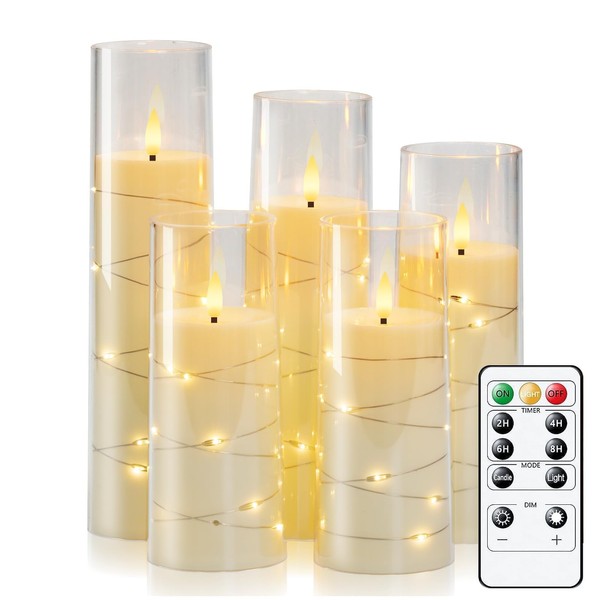 Homemory Homemory Flackernden Flammenlose Kerzen mit Lichterkette, Batteriebetriebene Kerzen mit