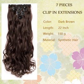 Swy Hair Clip in Hair Extensions Body Wave 7Pcs Straight Hair Synthetic Hair Extensions (W-Dark Brown, Wavy)