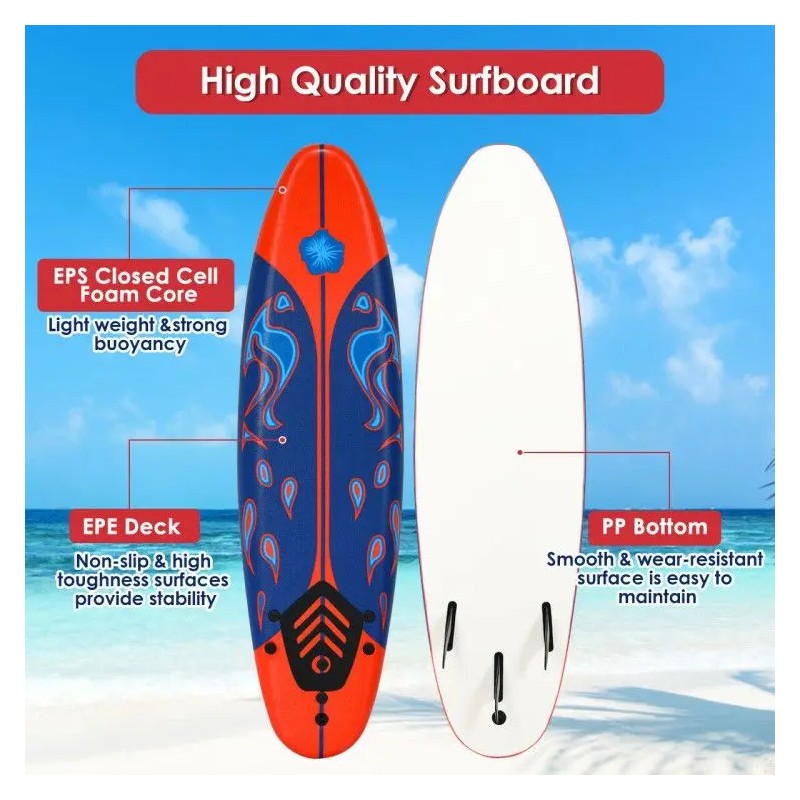 Red 6 Feet Surfboard with 3 Detachable Fins for Surfingcolor: