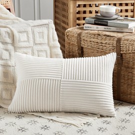 Fancy Homi Set of 1 Cream White Long Lumbar Decorative Throw Pillow Covers 12x24 Inch for Couch Bed Sofa, Rustic Farmhouse Boho Home Decor, Soft Striped Corduroy Rectangle Accent Cushion Case 30x60 cm