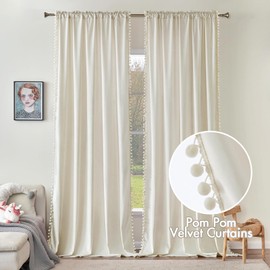 MIULEE Ivory Pom Pom Velvet Curtains for Bedroom/Living Room Darkening Thermal Insulating 84 Inches Long Creamy White Blackout Curtains with Rod Pocket for Girls Room/Nursery/Home Theater Set of 2