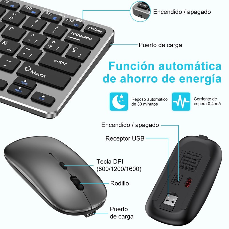 Teclado y Mouse Español Inalámbrico, Kit Teclado Y Mouse Bluetooth