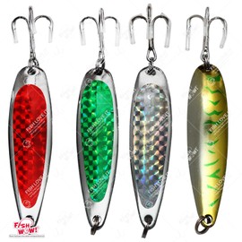 Fish WOW! 4pcs 3oz Fishing Spoon with a 2/0 Treble Hook Silver, Gold, Red, Green Holographic Laser Tape