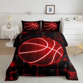 Feelyou Basketball Comforter Set Full Size Kids Gaming Sports Comforter for Boys Teens Red and Black Bedding Set Geometric Honeycomb Duvet Set Room Decor Quilt Set