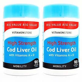 Vitamin Store Cod Liver Oil High Strength 1000mg with Vitamins A & D, 90 Capsules per Tub, Pack of 2 Tubs, 6 Months Supply