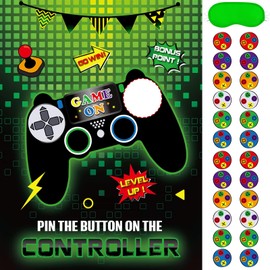 WERNNSAI Pin The Button on The Video Game Party Game - Video Game Party Supplies for Boy Kids 21" x 28" Game Poster with 24 Reusable Sticker Video Game Birthday Party Favor Sets