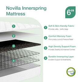 Novilla Full Size Mattress 6 inch,Foam and Spring Hybrid Mattress for Comfortable Sleep,Steel Coils for Durable Support,CertiPUR-US Certified Foam,Youth/Guest Rooms,Full Size Mattresses in a Box