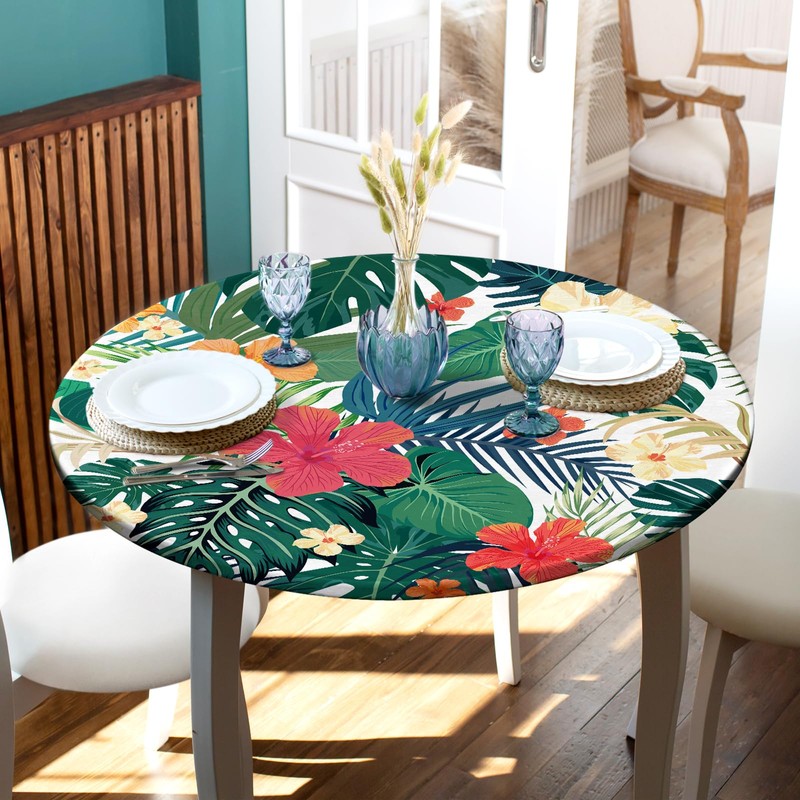 Eiuflka Round Fitted Tablecloth with Elastic Tropical Palm Leaves Outdoor