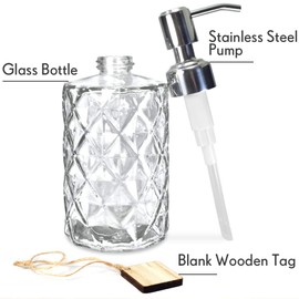 JASAI Diamond Design 12 Oz Glass Soap Dispenser, Kitchen soap Dispenser with 304 Rust Proof Stainless Steel Pump, Bathroom Soap Dispenser for Hand Soap, Soap, Lotion(Clear).