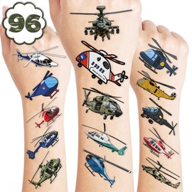 102 PCS Helicopter Airplane Birthday Party Decorations Favors Supplies Temporary Tattoos Decor Police Army Ambulance Helicopter Stickers For Boys Girls Gift School Prizes Rewards