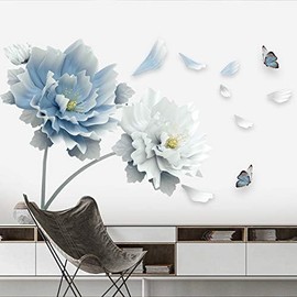 COVPAW® Wall Sticker XXL Peony Blue Flowers Wall Sticker Mural Pictures Living Room Bedroom Decoration