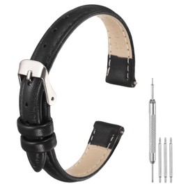 sourcing map Leather Watch Bands for Men and Women, 12mm Quick Release Watch Strap Replacement, Flat Thin Elegant Leather Strap with Tools, Black