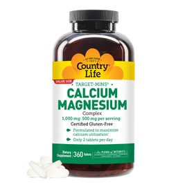 Country Life Country Life Target-Mins Calcium Magnesium Supplement for Bone Health, 1000mg Calcium, 500mg Magnesium, Gluten Free, 2:1 Ratio for Optimal Utilization