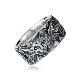 Retro Vintage s925 Silver Ring for Women Men,Engraved Forest Mountain Flower Leaf Zebra Tiger Cat Rings,Realistic Relief Design,All Lifelike, silver, No Gemstone,