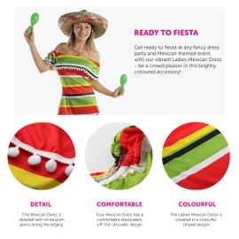 Womens Mexican Dress Fancy Dress Costume - Small - Accessory Ladies Mexican Poncho Dress Green Red Yellow With Pom Pom Detail - Dress Only