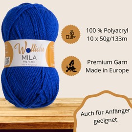 Wollidu Mila Yarn for Crochet and Knitting, 10 x 50 g/133 m, Knitting Yarn, 100% Polyacrylic, Crochet Yarn, Royal Blue