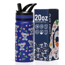 pluseight Kids Insulated Water Bottle with Straw Lid, 600ml BPA-FREE Double Wall Vacuum Tumbler 18/8 Stainless Steel Leak Proof Kids Cups with Straw for School Travel Boys Girls (Blue Koala)