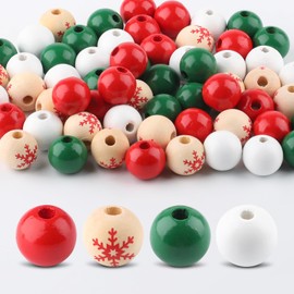 80 PCS Wooden Beads for Craft, 16mm Christmas Wood Beads Snowflake Craft Bead Red Green Wood Beads for Xmas Tree Hanging Decoration Winter Holiday Garland Making DIY Craft Supplies(Style 2)