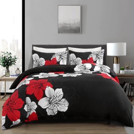 Menghomeus Black Comforter Set Full Red and White Floral Comforter with 2 Pillowcases Modern Bedding Sets Lightweight Boho Bed Set for All Season (1 Comforter, 2 Pillowcases)