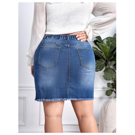 MakeMeChic Women's Plus Size Denim Skirt Elastic Waist Drawstring Raw Hem Ripped Skirt Pocket Vintage Short Skirt, Medium Wash, 4X-Large Plus