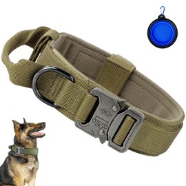 Faankiton Tactical Dog Collar, Military Dog Collar, Adjustable with Control Handle, Nylon Military Dog Collar with Metal Buckle for Dogs with a Foldable Dog Bowl (L, Brown)