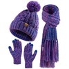 Women Winter Knit Warm Hat Beanie Scarf Gloves Set Pom